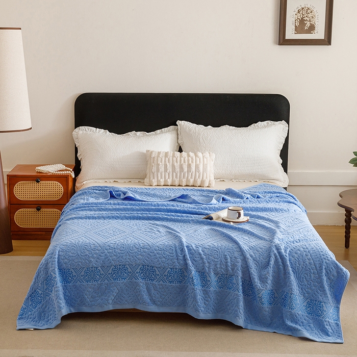 91家纺网 家纺一手货源 找家纺 悦然毛巾被 2026新款全棉老式毛巾被夏被空调毯 菱纹深蓝