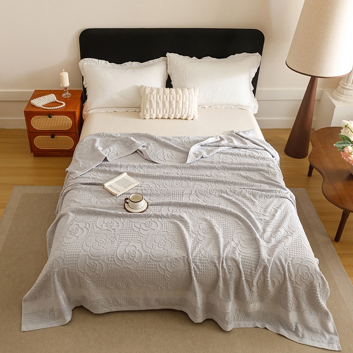 91家纺网 家纺一手货源 找家纺 悦然毛巾被 2026新款全棉老式毛巾被夏被空调毯 山茶旧梦浅灰