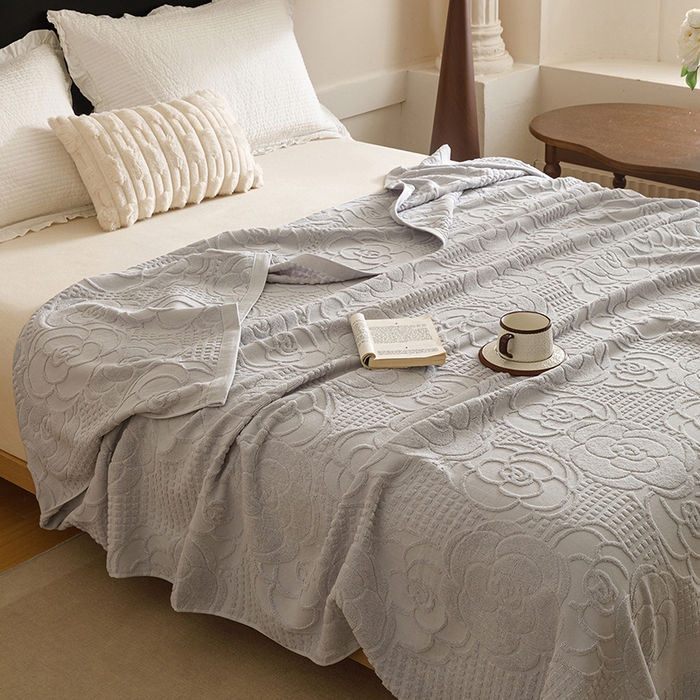 91家纺网 家纺一手货源 找家纺 悦然毛巾被 2026新款全棉老式毛巾被夏被空调毯 山茶旧梦浅灰