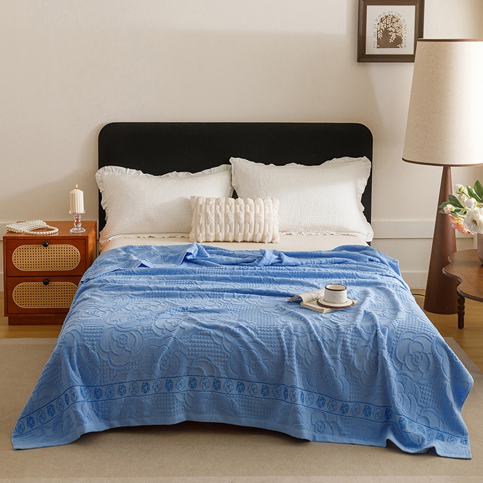 91家纺网 家纺一手货源 找家纺 悦然毛巾被 2026新款全棉老式毛巾被夏被空调毯 山茶旧梦深蓝