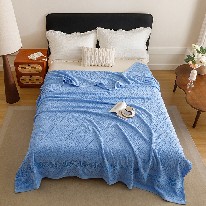 91家纺网 家纺一手货源 找家纺 悦然毛巾被 2026新款全棉老式毛巾被夏被空调毯 菱纹深蓝