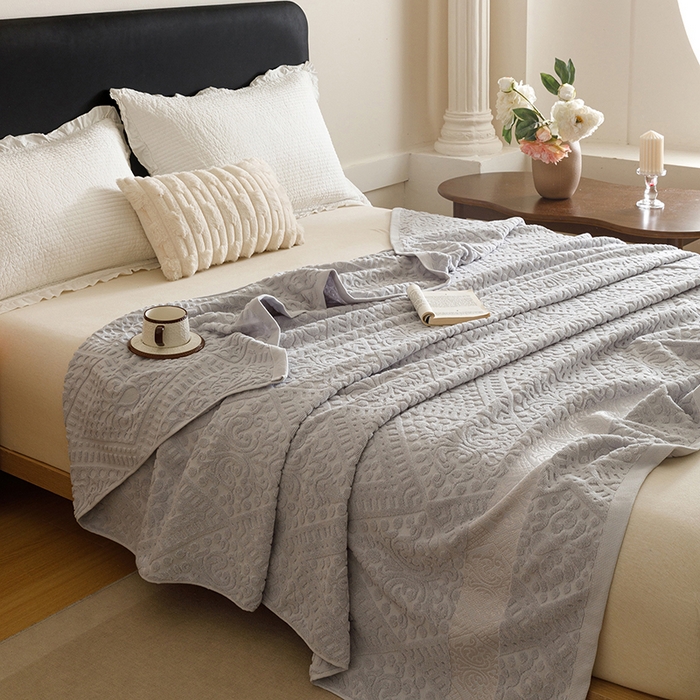 91家纺网 家纺一手货源 找家纺 悦然毛巾被 2026新款全棉老式毛巾被夏被空调毯 菱纹浅灰