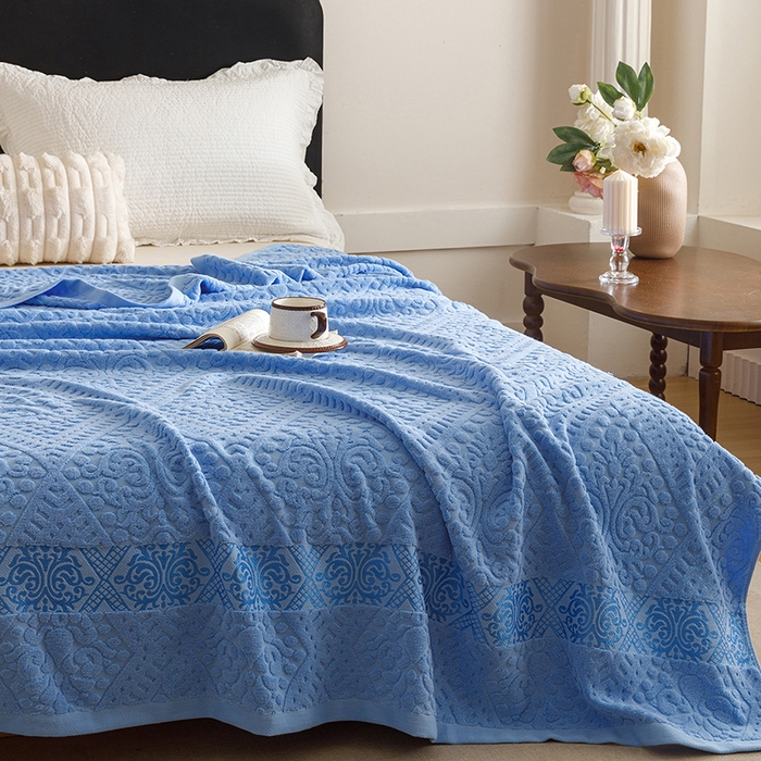 91家纺网 家纺一手货源 找家纺 悦然毛巾被 2026新款全棉老式毛巾被夏被空调毯 菱纹深蓝