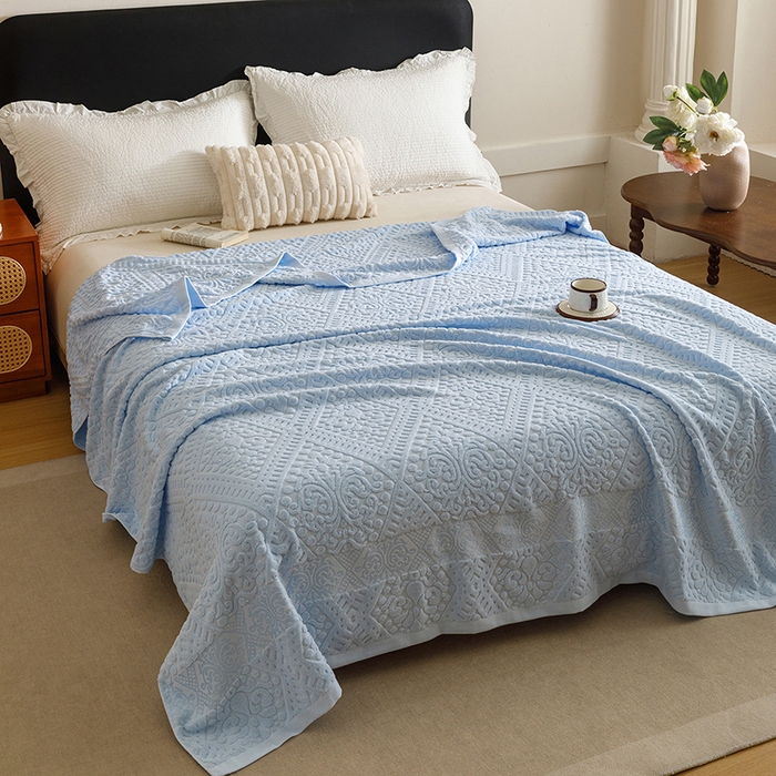 91家纺网 家纺一手货源 找家纺 悦然毛巾被 2026新款全棉老式毛巾被夏被空调毯 菱纹浅蓝