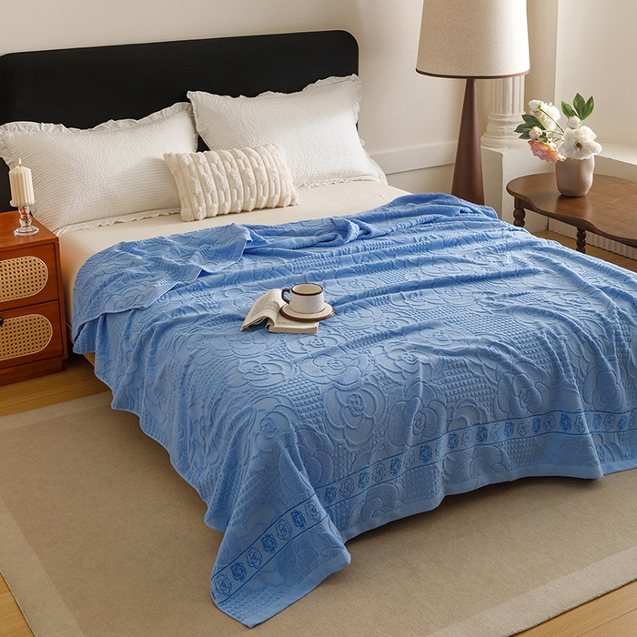 91家纺网 家纺一手货源 找家纺 悦然毛巾被 2026新款全棉老式毛巾被夏被空调毯 山茶旧梦深蓝