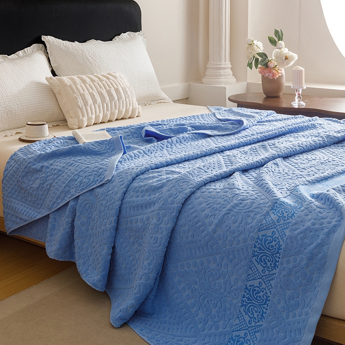 91家纺网 家纺一手货源 找家纺 悦然毛巾被 2026新款全棉老式毛巾被夏被空调毯 菱纹深蓝