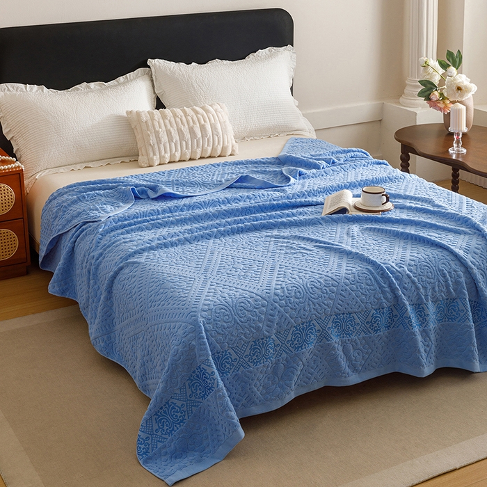 91家纺网 家纺一手货源 找家纺 悦然毛巾被 2026新款全棉老式毛巾被夏被空调毯 菱纹深蓝