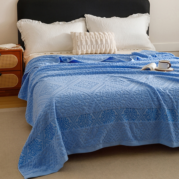 91家纺网 家纺一手货源 找家纺 悦然毛巾被 2026新款全棉老式毛巾被夏被空调毯 菱纹深蓝