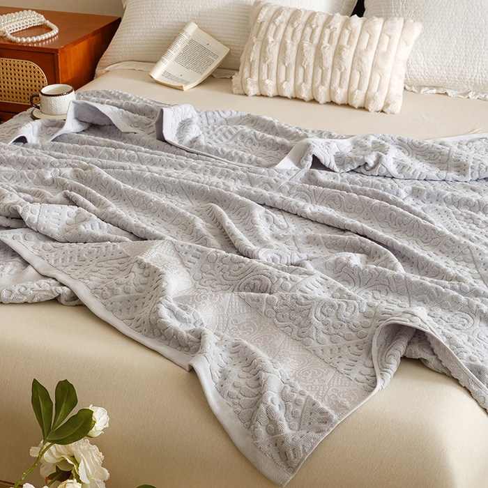 91家纺网 家纺一手货源 找家纺 悦然毛巾被 2026新款全棉老式毛巾被夏被空调毯 菱纹浅灰