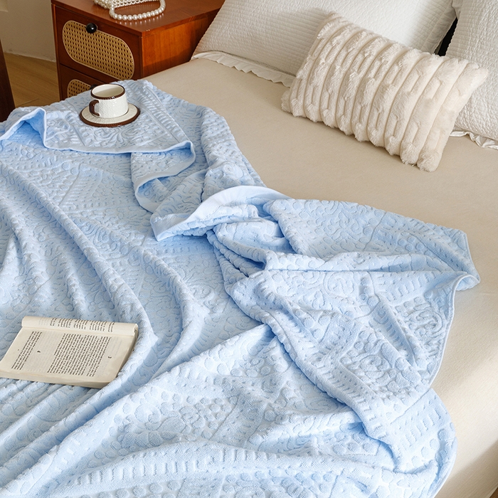 91家纺网 家纺一手货源 找家纺 悦然毛巾被 2026新款全棉老式毛巾被夏被空调毯 菱纹浅蓝
