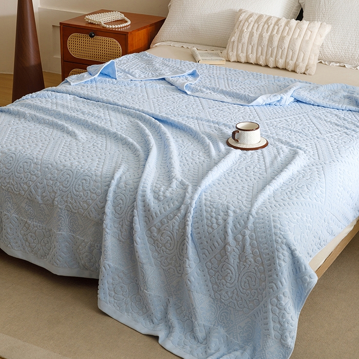 91家纺网 家纺一手货源 找家纺 悦然毛巾被 2026新款全棉老式毛巾被夏被空调毯 菱纹浅蓝