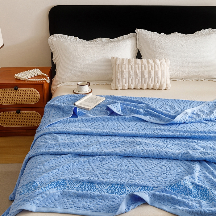 91家纺网 家纺一手货源 找家纺 悦然毛巾被 2026新款全棉老式毛巾被夏被空调毯 菱纹深蓝