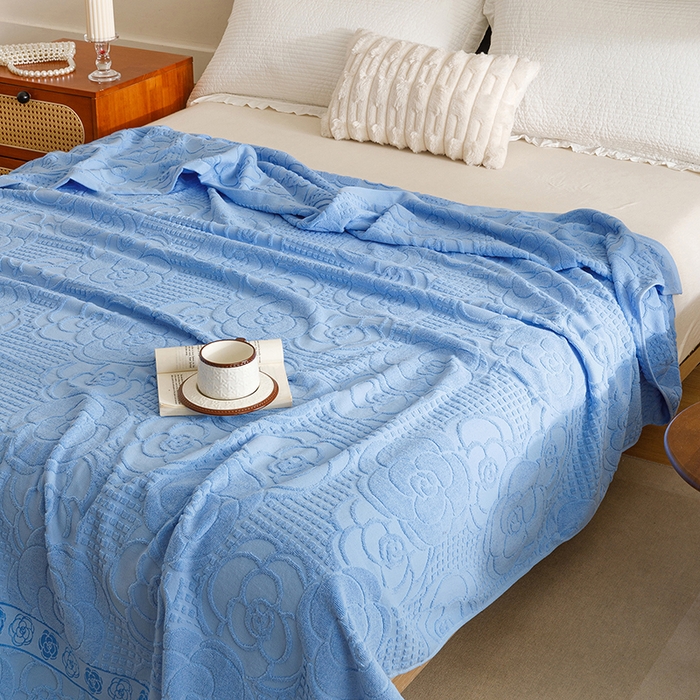 91家纺网 家纺一手货源 找家纺 悦然毛巾被 2026新款全棉老式毛巾被夏被空调毯 山茶旧梦深蓝