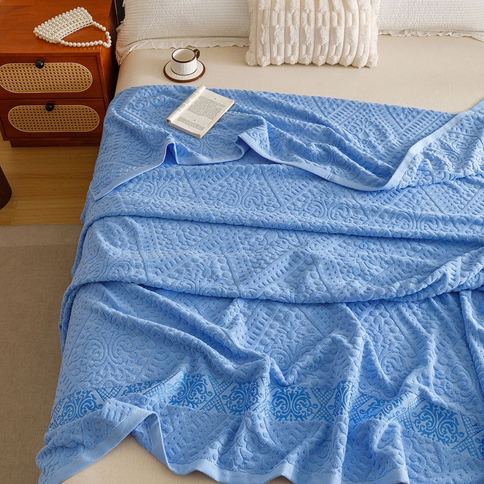 91家纺网 家纺一手货源 找家纺 悦然毛巾被 2026新款全棉老式毛巾被夏被空调毯 菱纹深蓝