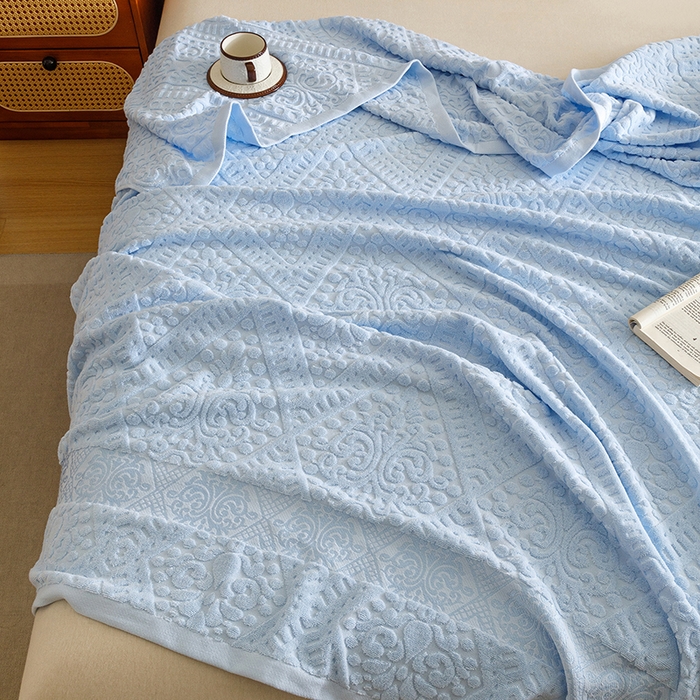 91家纺网 家纺一手货源 找家纺 悦然毛巾被 2026新款全棉老式毛巾被夏被空调毯 菱纹浅蓝