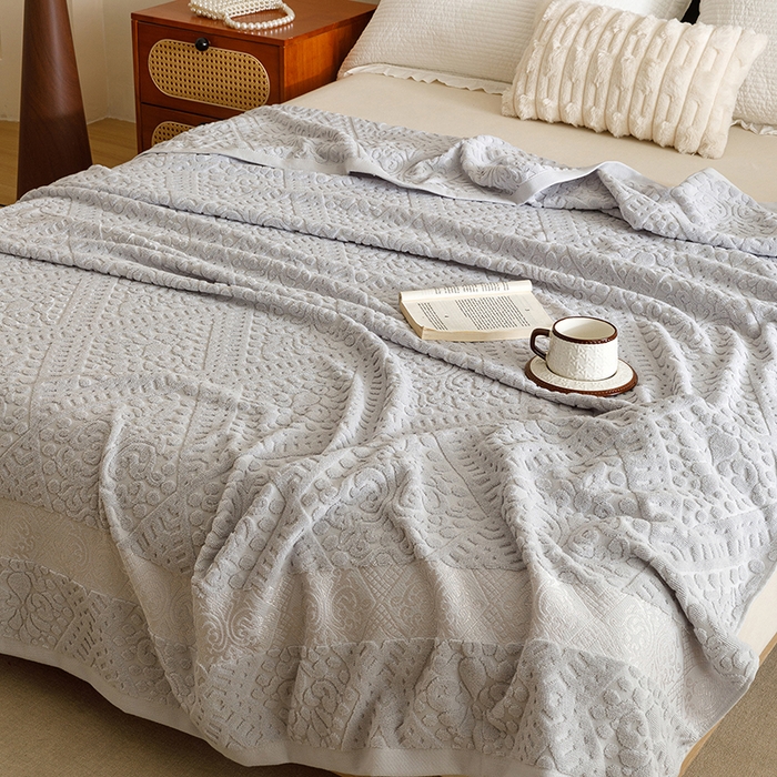 91家纺网 家纺一手货源 找家纺 悦然毛巾被 2026新款全棉老式毛巾被夏被空调毯 菱纹浅灰