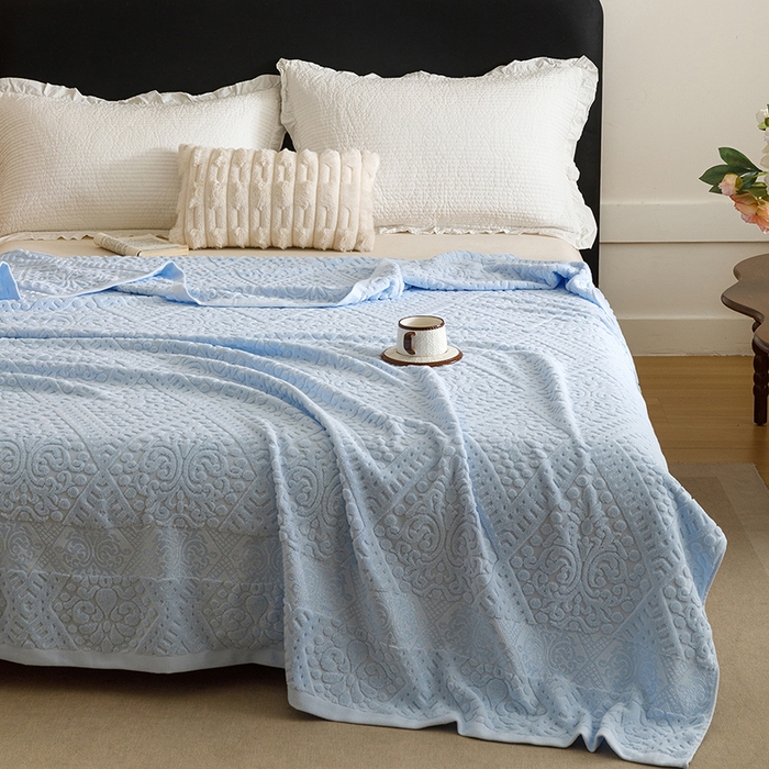 91家纺网 家纺一手货源 找家纺 悦然毛巾被 2026新款全棉老式毛巾被夏被空调毯 菱纹浅蓝