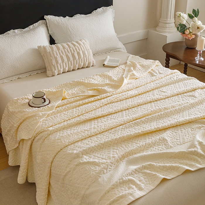 91家纺网 家纺一手货源 找家纺 悦然毛巾被 2026新款全棉老式毛巾被夏被空调毯 菱纹米白