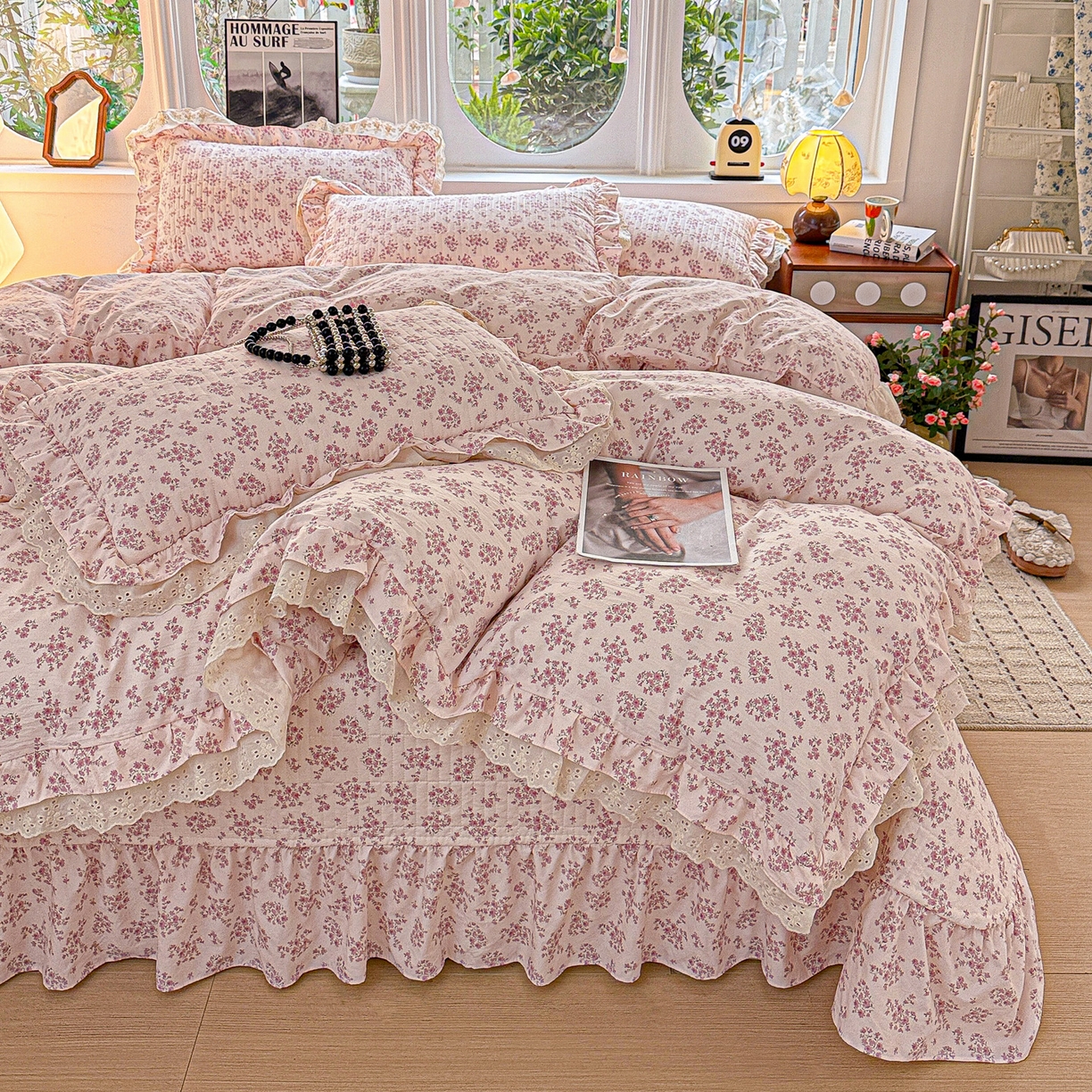 91家纺网 家纺一手货源 找家纺  梦莱斯 2026新款小清新可爱风纯棉花边床盖四件套 粉蔷薇