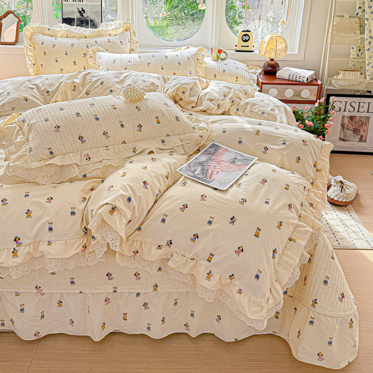 91家纺网 家纺一手货源 找家纺  梦莱斯 2026新款小清新可爱风纯棉花边床盖四件套 可爱狗狗