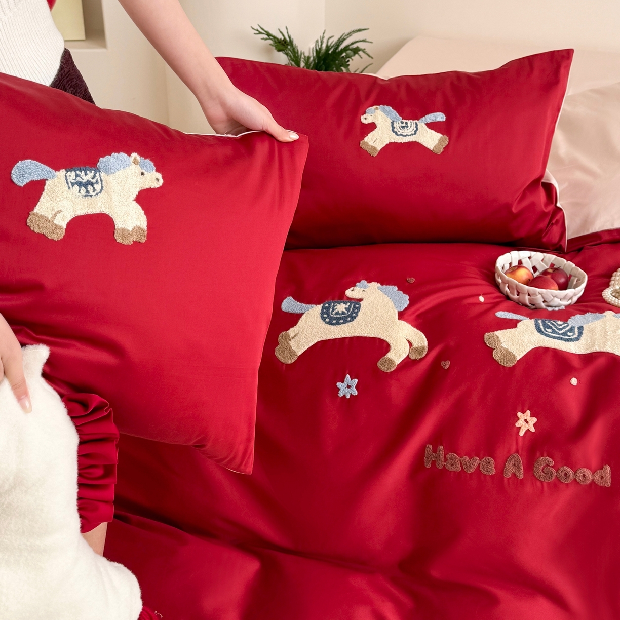 （总）鹿班家居 2026春夏新款100S长绒棉纯棉毛巾绣系列四件套-幸运小马（标准会员-20元）