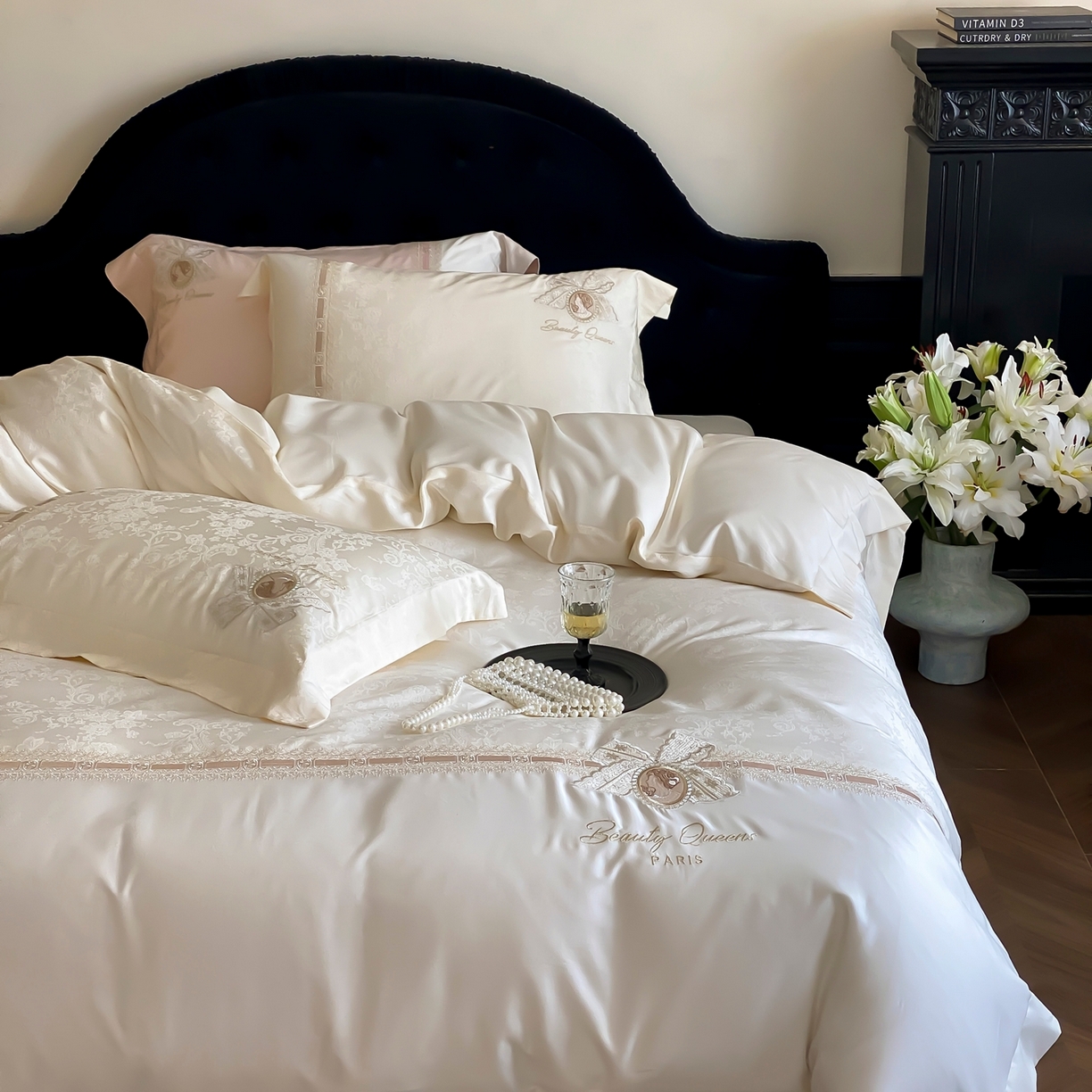 初拾 2026春夏新款全棉纯棉蕾丝提花绣花四件套-巴黎恋人 巴黎恋人-素影白