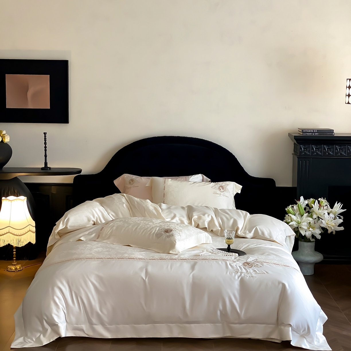 91家纺网 家纺一手货源 找家纺 初拾 2026春夏新款全棉纯棉蕾丝提花绣花四件套-巴黎恋人 巴黎恋人-素影白