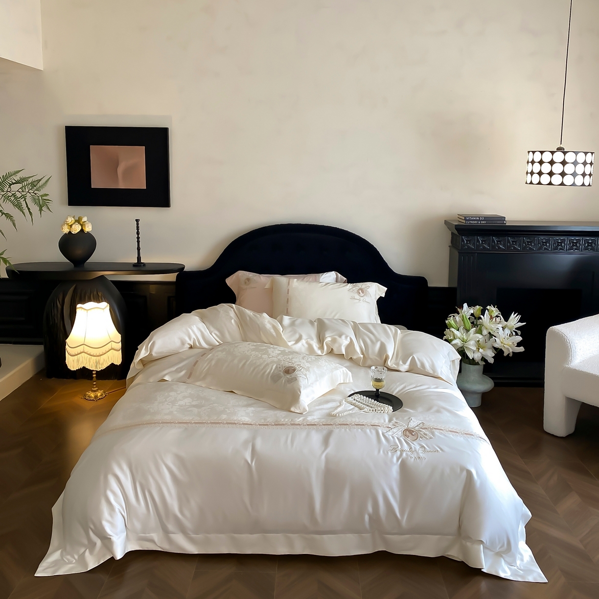 91家纺网 家纺一手货源 找家纺 初拾 2026春夏新款全棉纯棉蕾丝提花绣花四件套-巴黎恋人 巴黎恋人-素影白