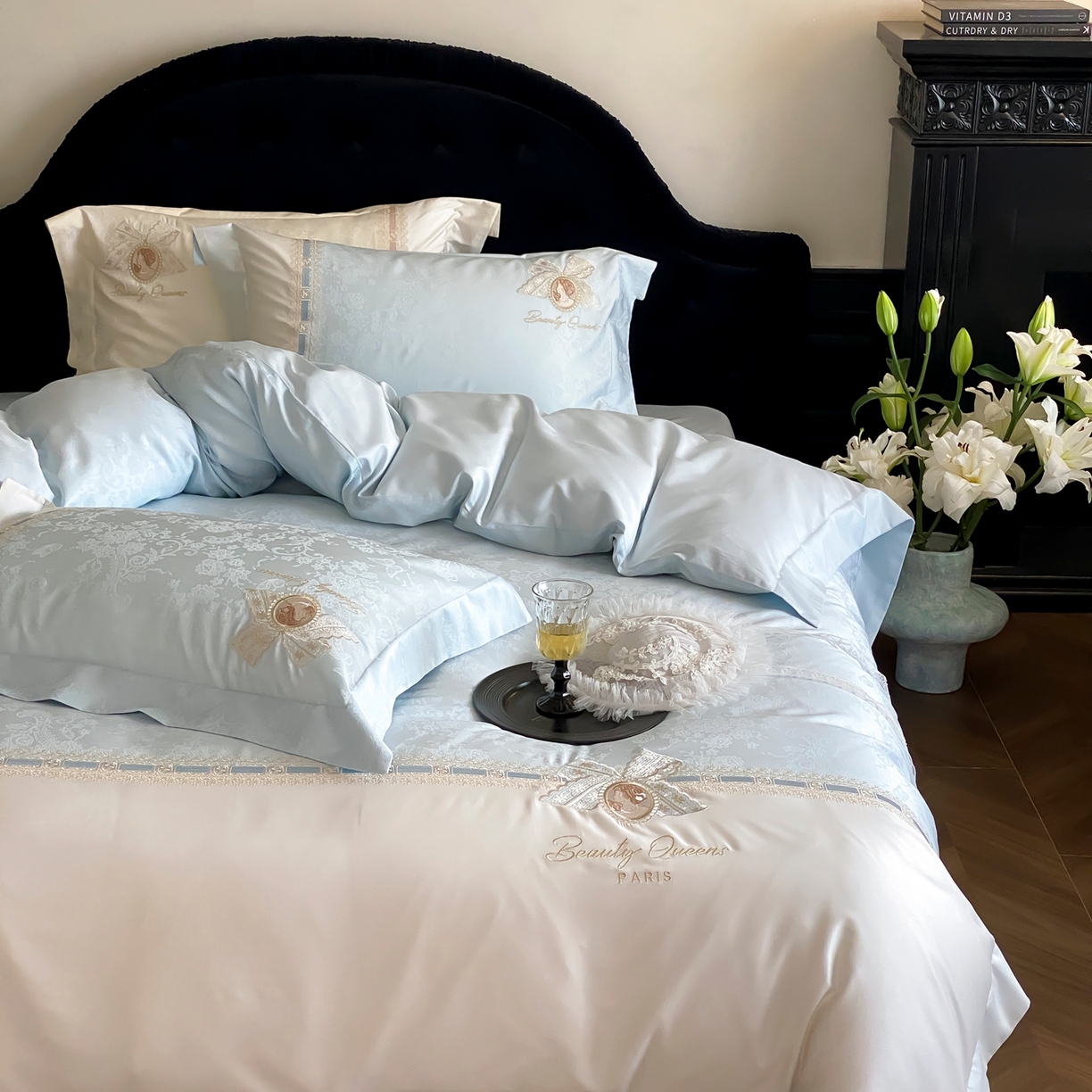 初拾 2026春夏新款全棉纯棉蕾丝提花绣花四件套-巴黎恋人 巴黎恋人-晴空蓝