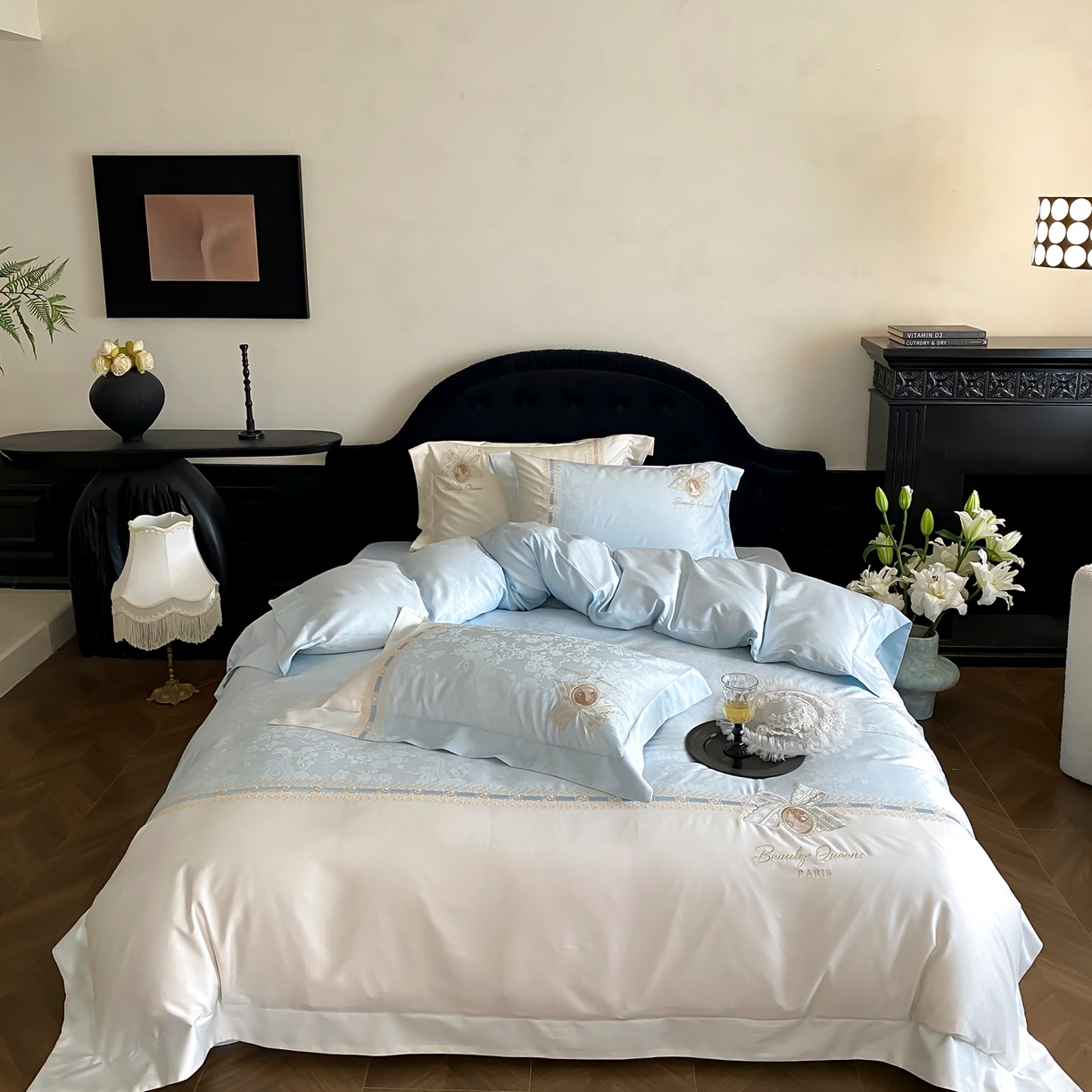 91家纺网 家纺一手货源 找家纺 初拾 2026春夏新款全棉纯棉蕾丝提花绣花四件套-巴黎恋人 巴黎恋人-晴空蓝