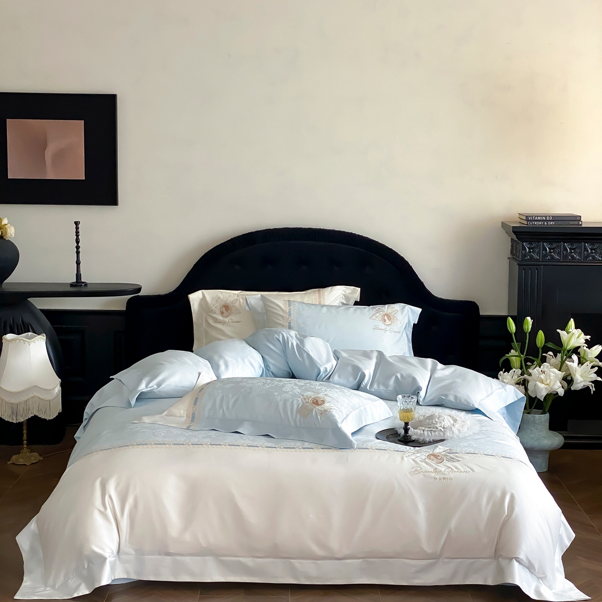 91家纺网 家纺一手货源 找家纺 初拾 2026春夏新款全棉纯棉蕾丝提花绣花四件套-巴黎恋人 巴黎恋人-晴空蓝