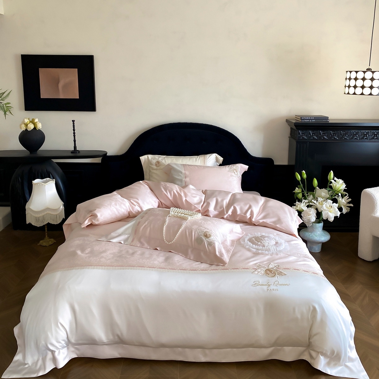 91家纺网 家纺一手货源 找家纺 初拾 2026春夏新款全棉纯棉蕾丝提花绣花四件套-巴黎恋人 巴黎恋人-粉黛