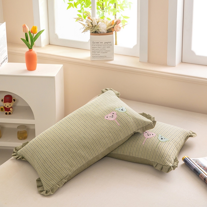 91家纺网 家纺一手货源 找家纺 梦莱家纺 2026新款自然棉麻荞麦护颈枕枕头枕芯 气球小熊-绿色