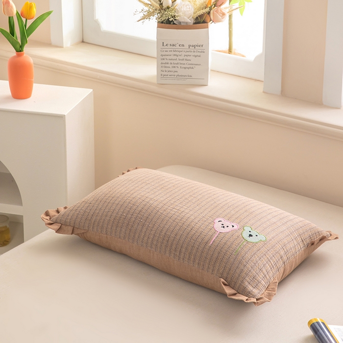 91家纺网 家纺一手货源 找家纺 梦莱家纺 2026新款自然棉麻荞麦护颈枕枕头枕芯 气球小熊-咖色
