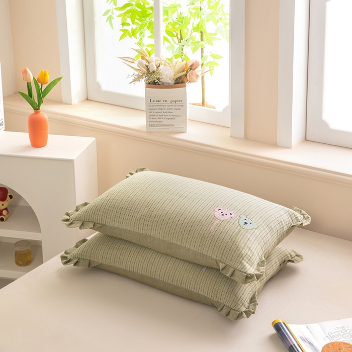 91家纺网 家纺一手货源 找家纺 梦莱家纺 2026新款自然棉麻荞麦护颈枕枕头枕芯 气球小熊-绿色