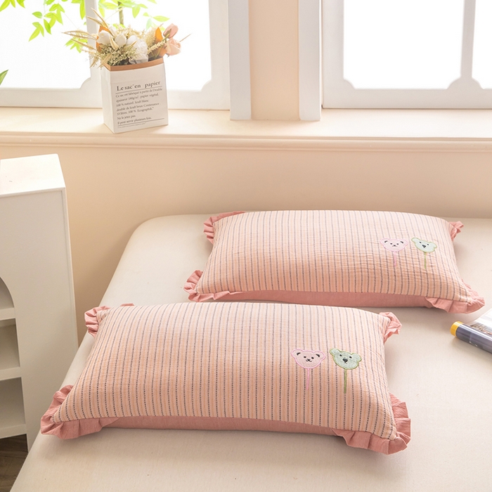 91家纺网 家纺一手货源 找家纺 梦莱家纺 2026新款自然棉麻荞麦护颈枕枕头枕芯 气球小熊-粉色