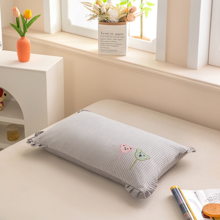 91家纺网 家纺一手货源 找家纺 梦莱家纺 2026新款自然棉麻荞麦护颈枕枕头枕芯 气球小熊-灰色