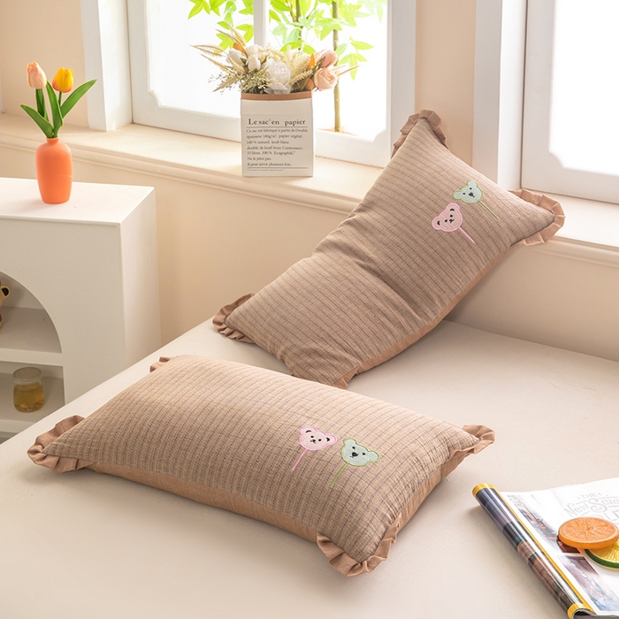 91家纺网 家纺一手货源 找家纺 梦莱家纺 2026新款自然棉麻荞麦护颈枕枕头枕芯 气球小熊-咖色