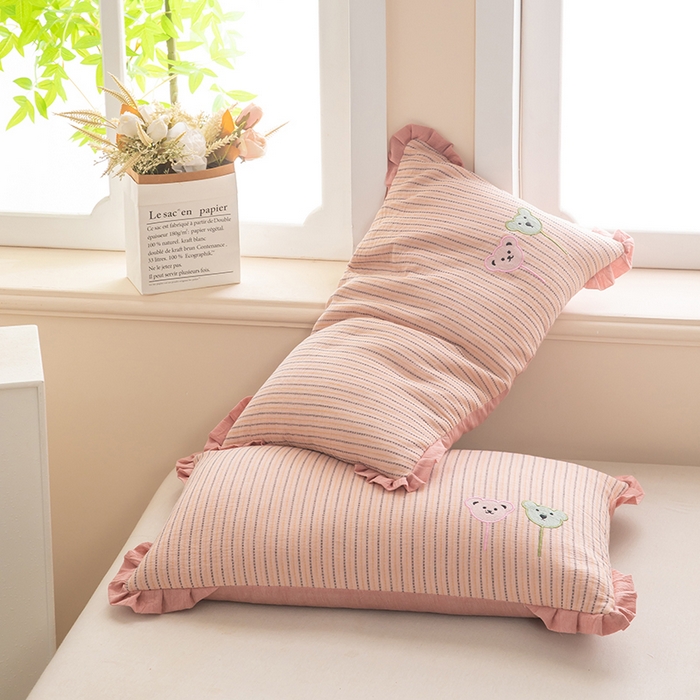 91家纺网 家纺一手货源 找家纺 梦莱家纺 2026新款自然棉麻荞麦护颈枕枕头枕芯 气球小熊-粉色