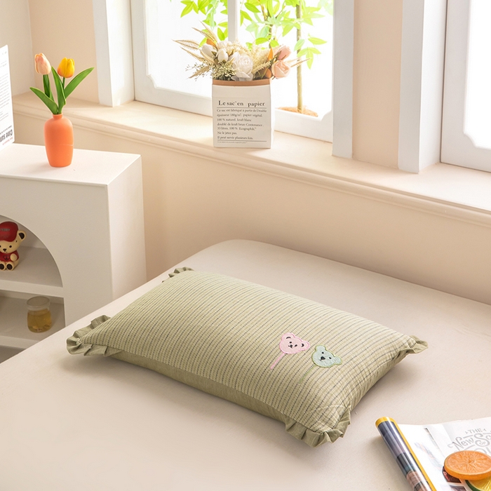 91家纺网 家纺一手货源 找家纺 梦莱家纺 2026新款自然棉麻荞麦护颈枕枕头枕芯 气球小熊-绿色