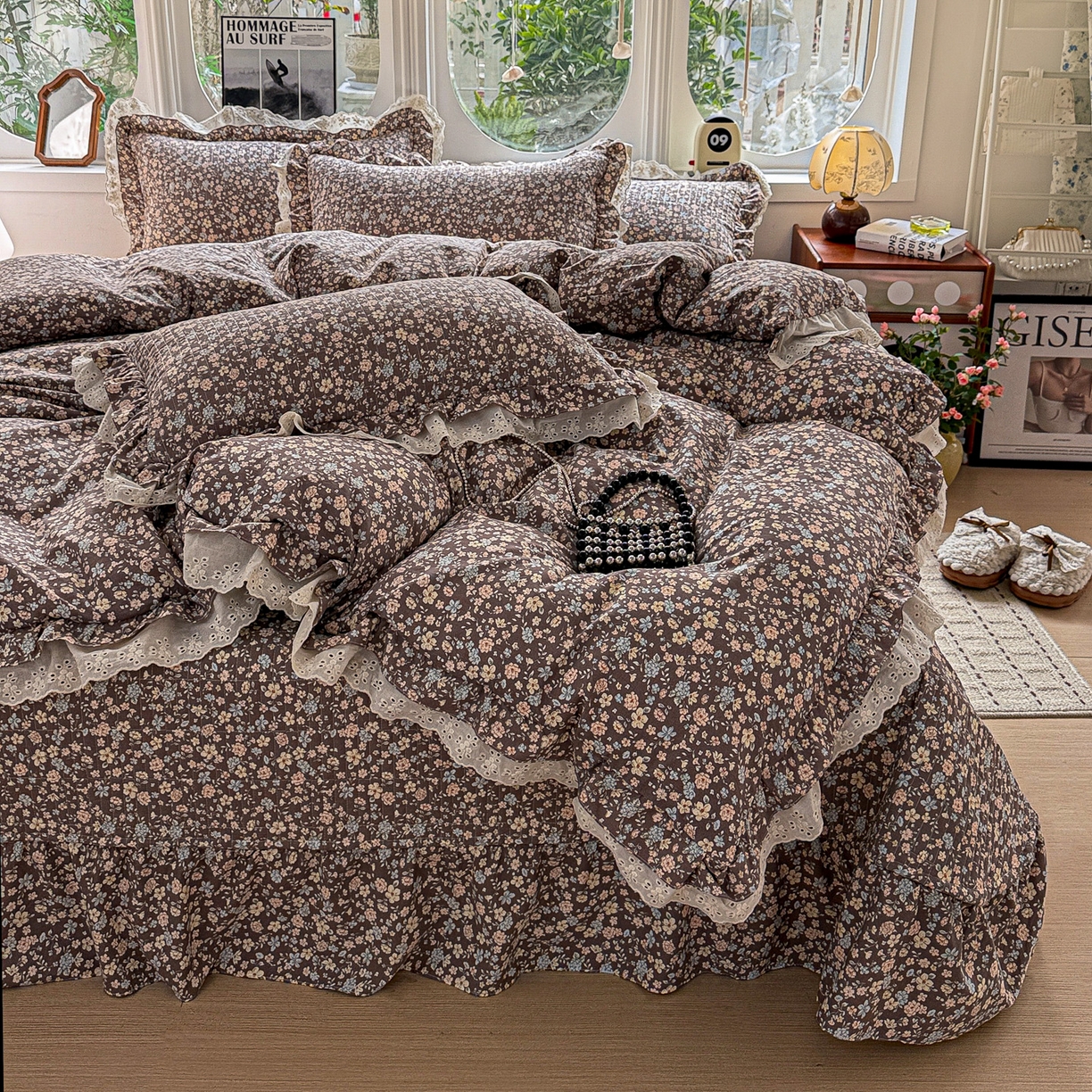  梦莱斯 2026新款小清新可爱风纯棉花边床盖四件套 漫野