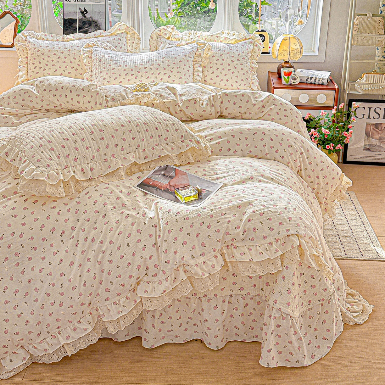 91家纺网 家纺一手货源 找家纺  梦莱斯 2026新款小清新可爱风纯棉花边床盖四件套 小玫瑰