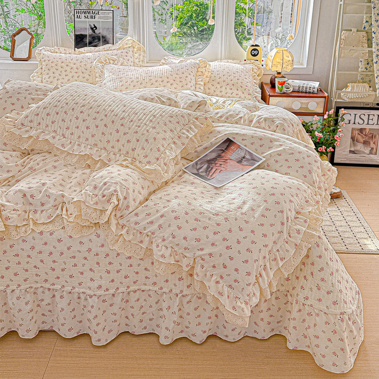  梦莱斯 2026新款小清新可爱风纯棉花边床盖四件套 小玫瑰