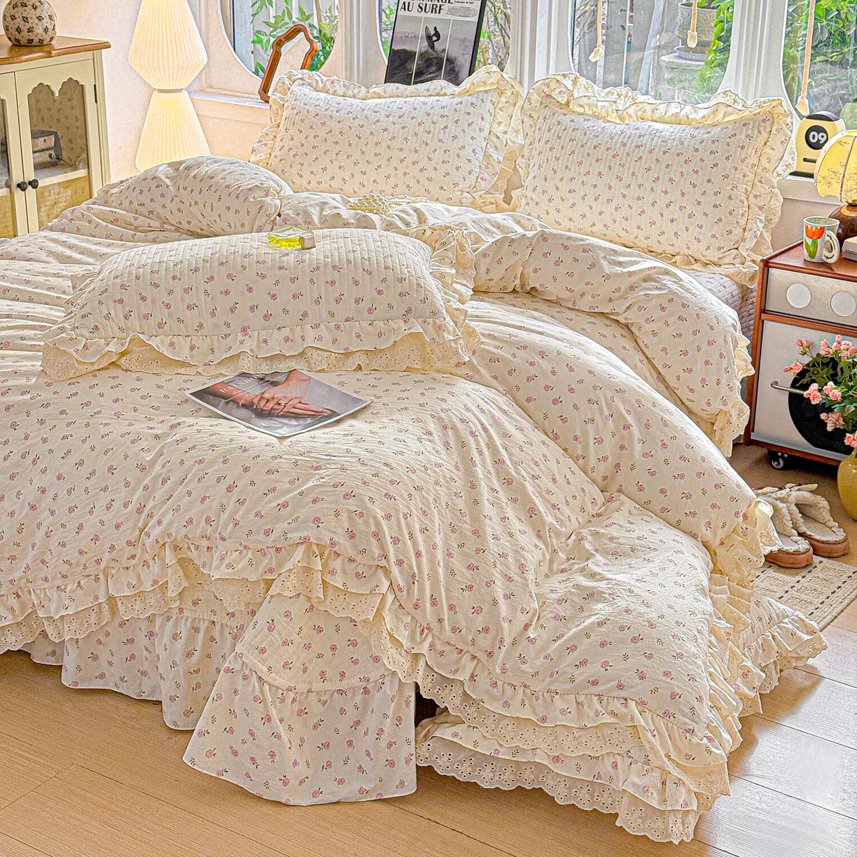 91家纺网 家纺一手货源 找家纺  梦莱斯 2026新款小清新可爱风纯棉花边床盖四件套 小玫瑰