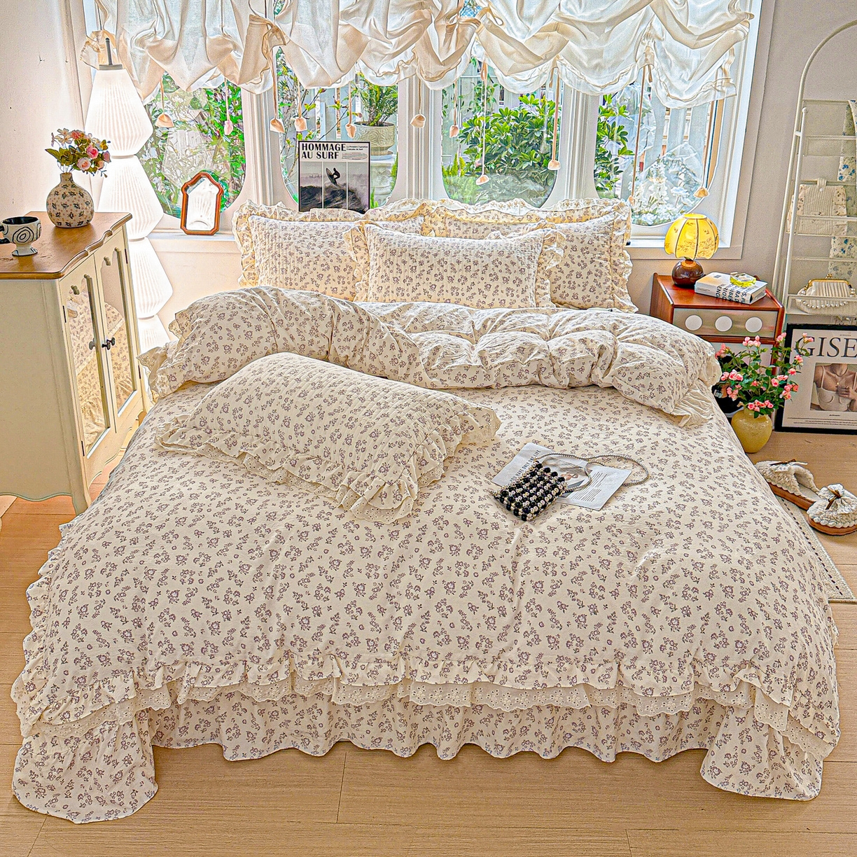 91家纺网 家纺一手货源 找家纺  梦莱斯 2026新款小清新可爱风纯棉花边床盖四件套 紫菱花笺