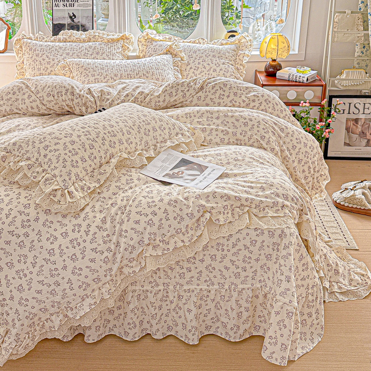 91家纺网 家纺一手货源 找家纺  梦莱斯 2026新款小清新可爱风纯棉花边床盖四件套 紫菱花笺