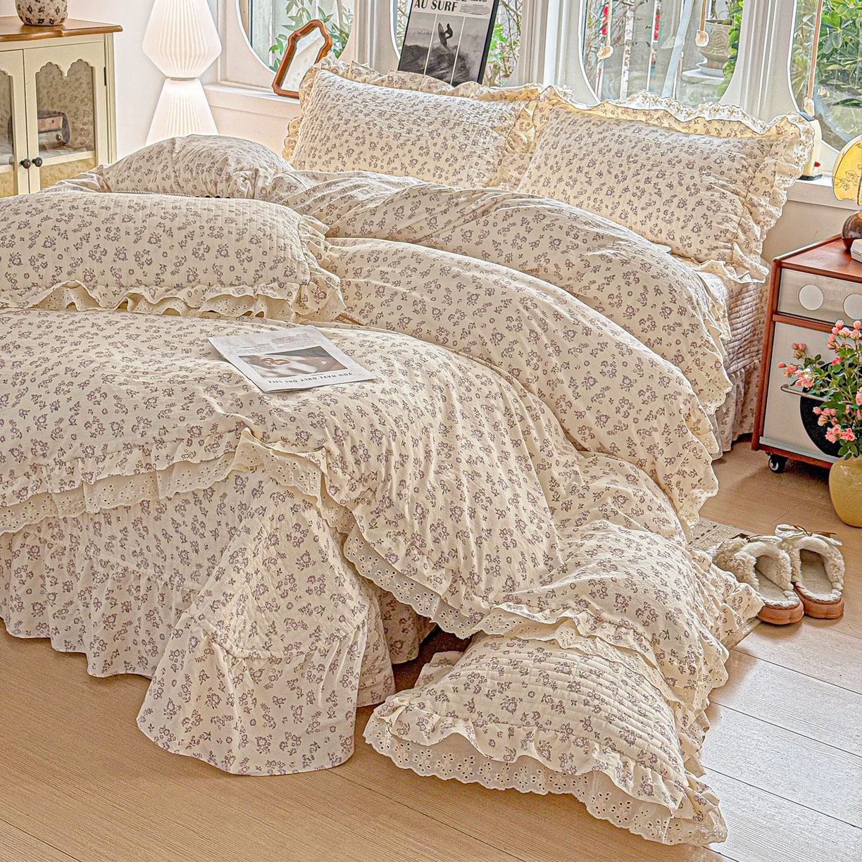 91家纺网 家纺一手货源 找家纺  梦莱斯 2026新款小清新可爱风纯棉花边床盖四件套 紫菱花笺