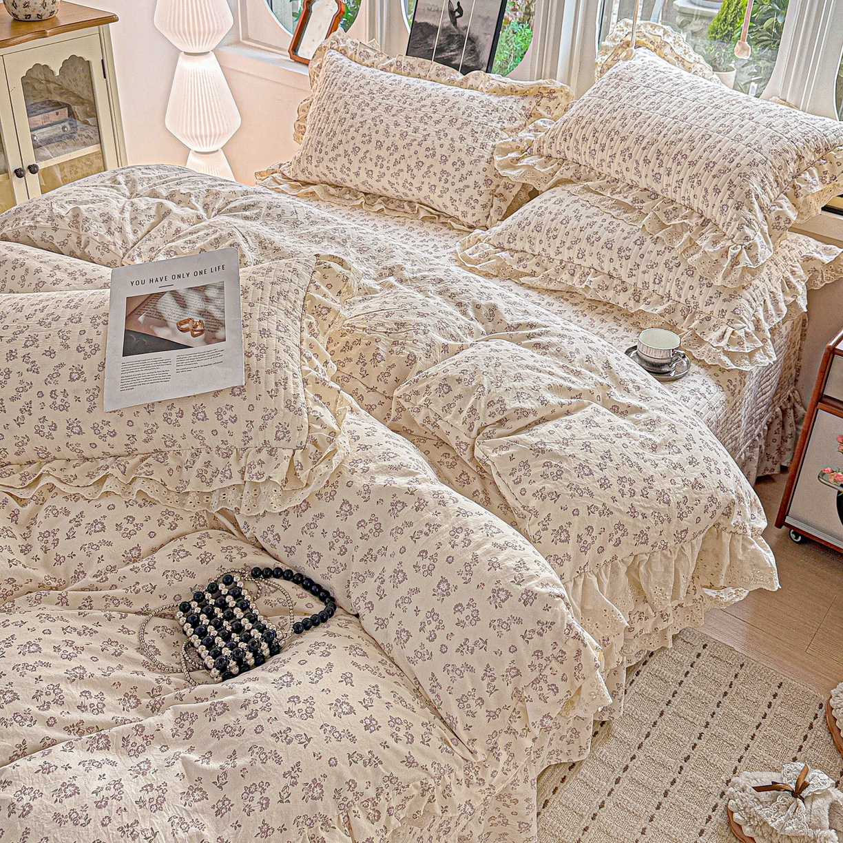 91家纺网 家纺一手货源 找家纺  梦莱斯 2026新款小清新可爱风纯棉花边床盖四件套 紫菱花笺