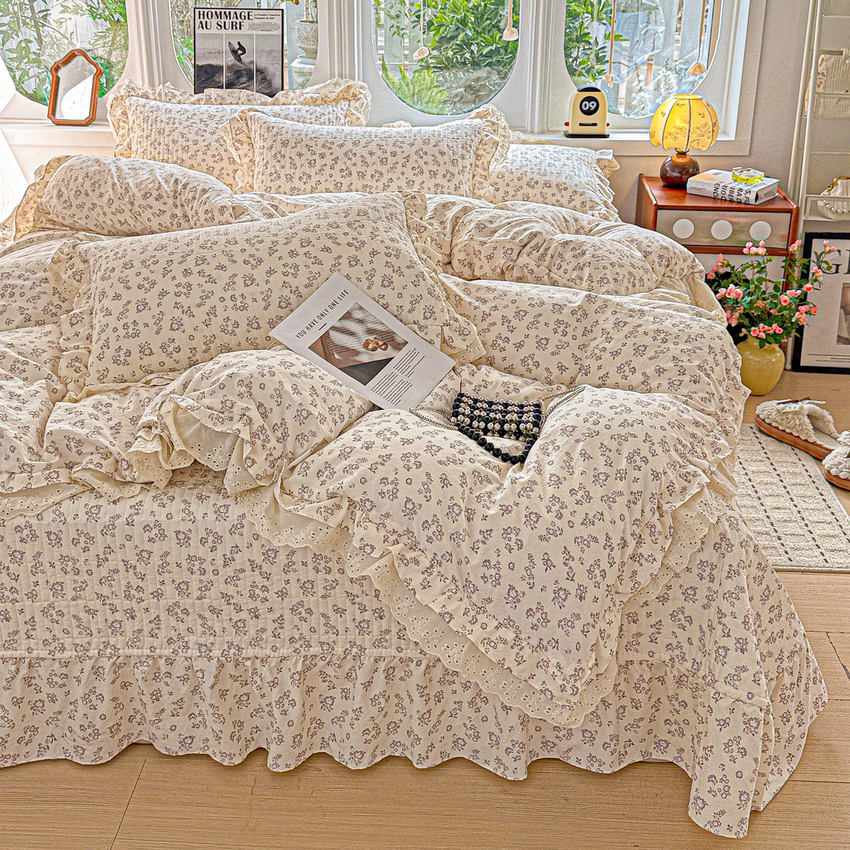  梦莱斯 2026新款小清新可爱风纯棉花边床盖四件套 紫菱花笺