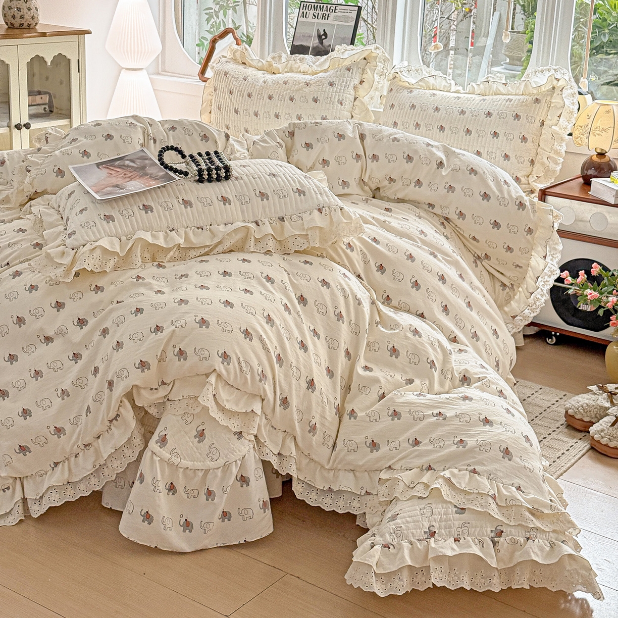 91家纺网 家纺一手货源 找家纺  梦莱斯 2026新款小清新可爱风纯棉花边床盖四件套 小象